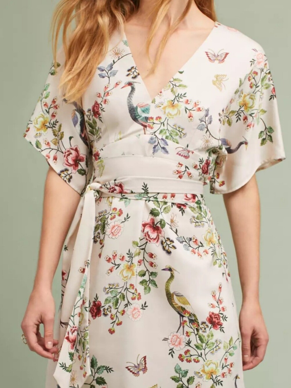 DRA  Los Angeles Cream Floral & Bird Kimono Style Midi Dress